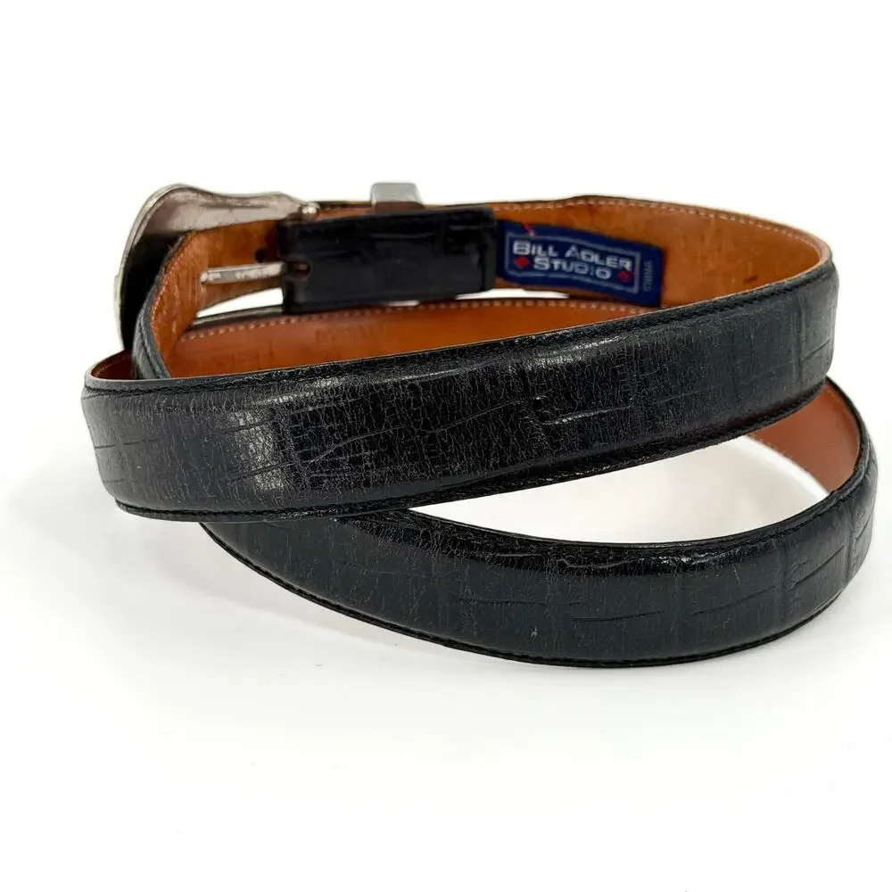 Vintage 90s Bill Adler Studio Black Genuine Leather Ornate Buckle Belt